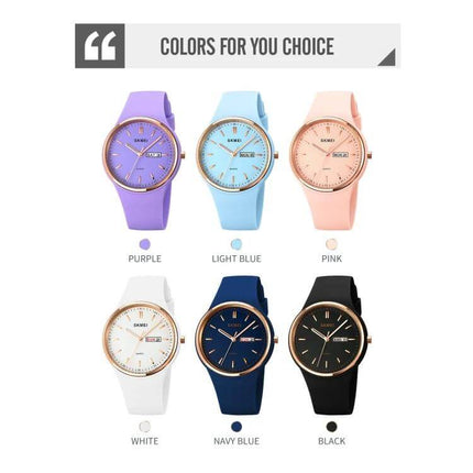 SKMEI Ladies Quartz Watch with Silicone Strap and Daily Functions showing six color options (purple, light blue, pink, white, navy blue, black) for everyday wear