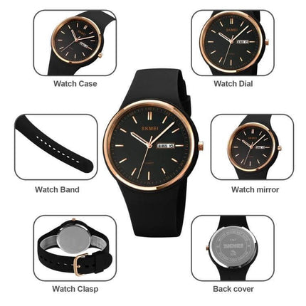 SKMEI Ladies Quartz Watch with Silicone Strap and Daily Functions - black silicone strap, rose gold bezel, day-date dial, water resistant 30m