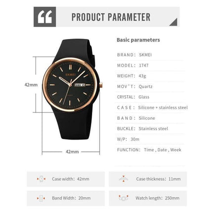 SKMEI Ladies Quartz Watch with Silicone Strap and Daily Functions - black silicone band, rose gold bezel, 42mm case, water resistant 30m