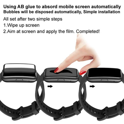 IMAK Plexiglass HD Screen Protector for Fitbit and ZTE Watches showing simple two-step application on smartwatch screen