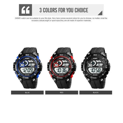 SKMEI Men's Luminous Dual Time Alarm Waterproof Sports Watch trio showing blue red and black sport models