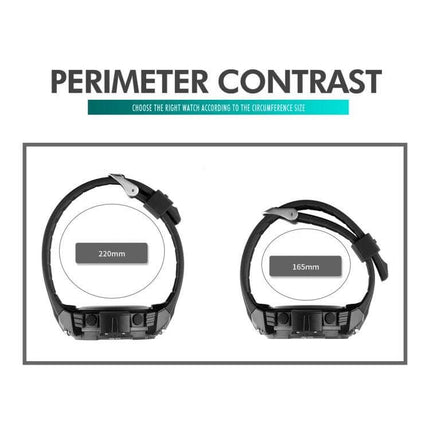 SKMEI Men's Luminous Dual Time Alarm Waterproof Sports Watch showing perimeter contrast with 220mm and 165mm strap circumference options