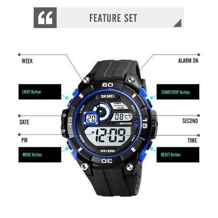 SKMEI Men's Luminous Dual Time Alarm Waterproof Sports Watch displaying dual time, stopwatch, alarm, luminous dial and labeled function buttons