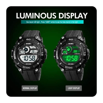 SKMEI Men's Luminous Dual Time Alarm Waterproof Sports Watch showing normal and green light luminous display