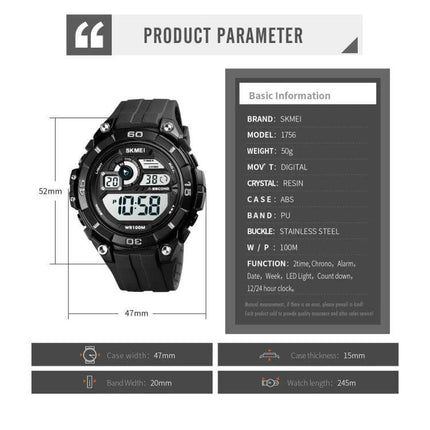 SKMEI Men's Luminous Dual Time Alarm Waterproof Sports Watch black digital sports watch with dimensions and product specs panel
