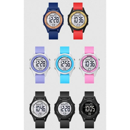 SKMEI LED Digital Watch with Luminous Display for Daily Use showing nine color options, waterproof lightweight digital watches with luminous display