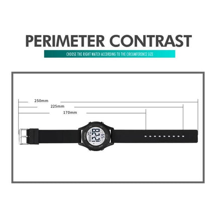 SKMEI LED Digital Watch with Luminous Display for Daily Use showing perimeter contrast and strap length measurements (250mm, 225mm, 170mm)