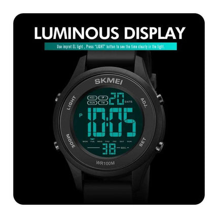 SKMEI LED Digital Watch with Luminous Display for Daily Use showing glowing teal digital time on black waterproof sports watch