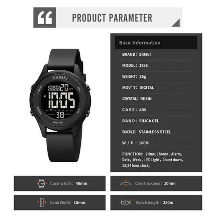 SKMEI LED Digital Watch with Luminous Display for Daily Use - black waterproof digital sports watch with luminous LED display