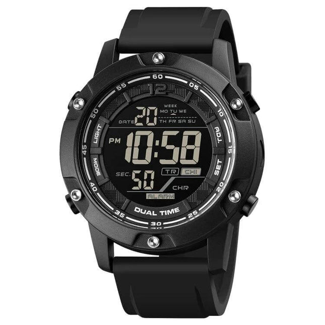 SKMEI Waterproof Digital Watch with Dual Time Display black resin dual-time sports watch, waterproof to 100m, digital swim-ready timepiece
