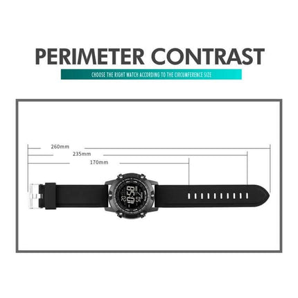 SKMEI Waterproof Digital Watch with Dual Time Display black resin strap and dial shown with perimeter contrast and size measurements