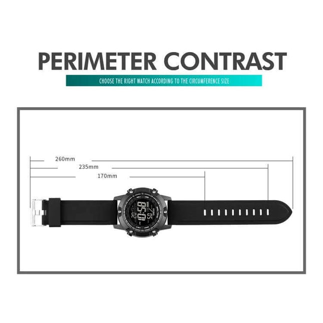 SKMEI Waterproof Digital Watch with Dual Time Display black resin strap and dial shown with perimeter contrast and size measurements