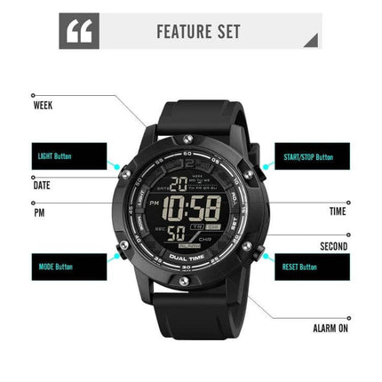 SKMEI Waterproof Digital Watch with Dual Time Display - black digital sports watch showing dual time, start/stop, light, mode and reset buttons, waterproof up to 100m