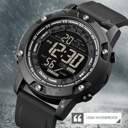 SKMEI Waterproof Digital Watch with Dual Time Display showing dual digital time, 100M waterproof black resin case and strap