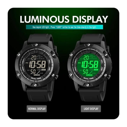 SKMEI Waterproof Digital Watch with Dual Time Display showing normal and green luminous light display for swimming and travel