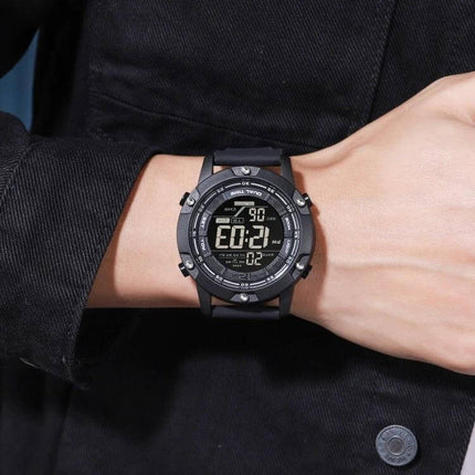 SKMEI Waterproof Digital Watch with Dual Time Display on wrist, black resin case, digital dual-time screen, water-resistant up to 100m