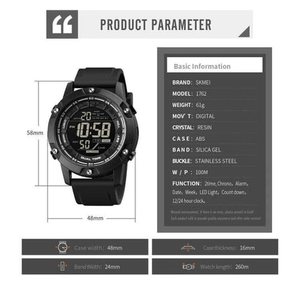 SKMEI Waterproof Digital Watch with Dual Time Display black digital sports watch showing specs, 58x48mm case, 100M waterproof, resin crystal