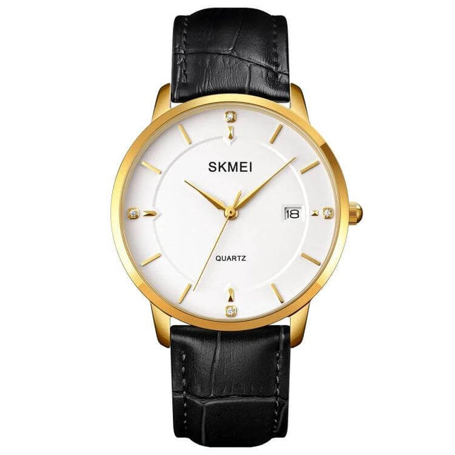 SKMEI Men's Casual Watch with Calendar for Daily Wear - gold case, white dial, black leather strap, simple calendar window, quartz movement
