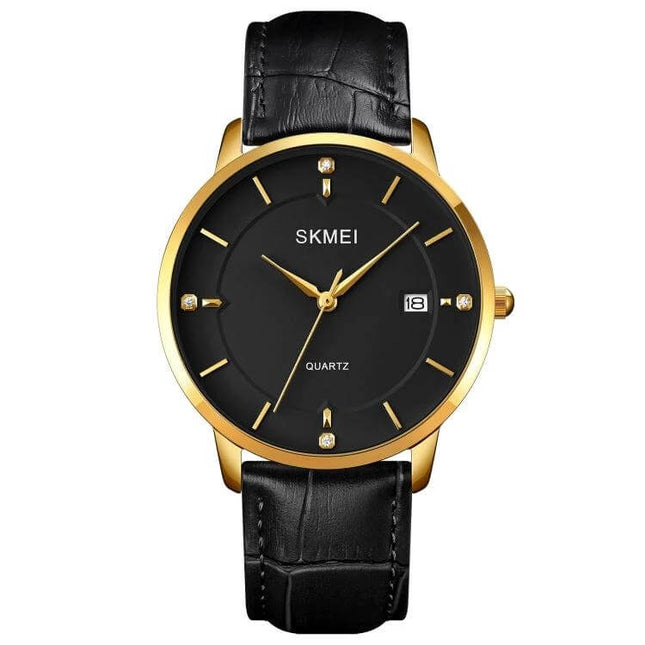 SKMEI Men's Casual Watch with Calendar for Daily Wear - black dial gold case quartz watch with date window and black leather strap