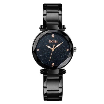 SKMEI Women's Watch with Starry Sky Dial and Stainless Steel Strap – black stainless steel band, glittering starry sky dial, quartz movement, 30m water resistant