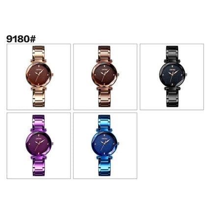 SKMEI Women's Watch with Starry Sky Dial and Stainless Steel Strap - five color variations shown, elegant quartz timepiece with 30m splash resistance