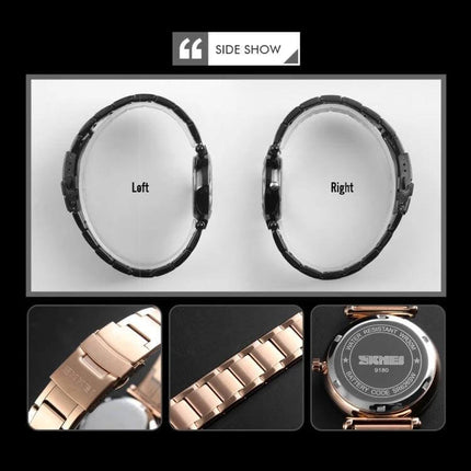 SKMEI Women's Watch with Starry Sky Dial and Stainless Steel Strap showing side view, bracelet links and engraved caseback