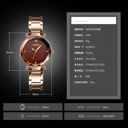 SKMEI Women's Watch with Starry Sky Dial and Stainless Steel Strap - rose gold stainless steel band, 34mm dial, 30m water resistant