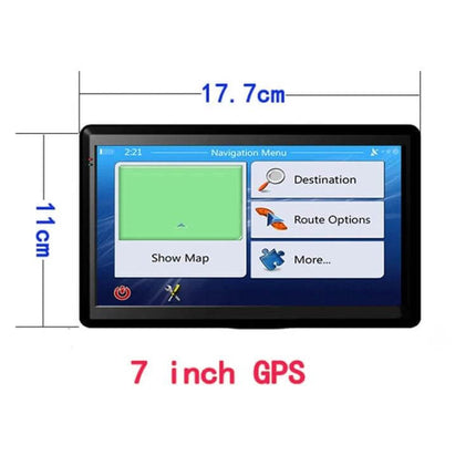 Portable 7-Inch Car GPS Navigator with Global Maps showing 7-inch touch screen navigation menu with destination and route options