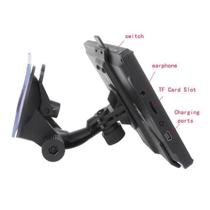 Portable 7-Inch Car GPS Navigator with Global Maps showing side ports, TF card slot, earphone jack and suction mount