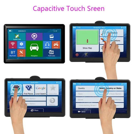 Portable 7-Inch Car GPS Navigator with Global Maps showing capacitive touch screen, four views with hands tapping navigation, Bluetooth and maps