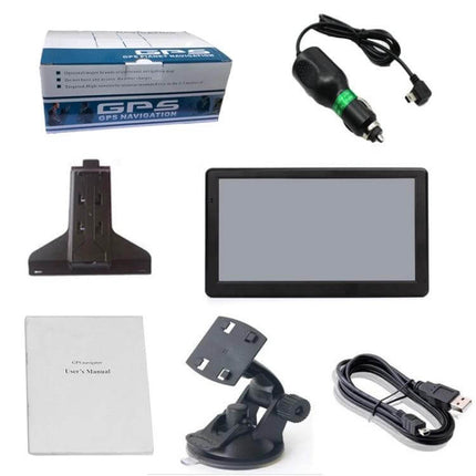 Portable 7-Inch Car GPS Navigator with Global Maps showing device, mount, charger, USB cable, and user manual