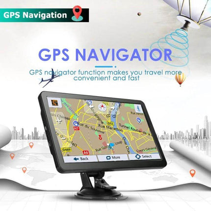 Portable 7-Inch Car GPS Navigator with Global Maps on dashboard showing colorful turn-by-turn route and map display