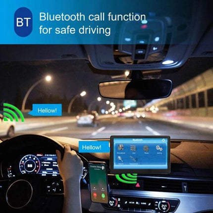 Portable 7-Inch Car GPS Navigator with Global Maps mounted in car showing Bluetooth call function and navigation on a night drive