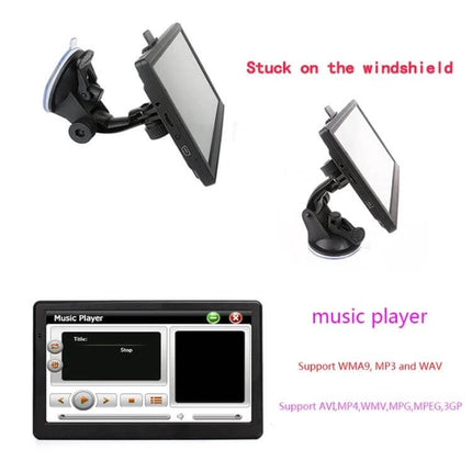 7-Inch Portable Car GPS Navigator for Global Road Trips mounted on windshield with music player and suction cup holder