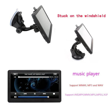 7 Inch Car GPS Navigator for Russia, Belarus, and Ukraine Maps mounted on windshield with music player and suction cup car holder
