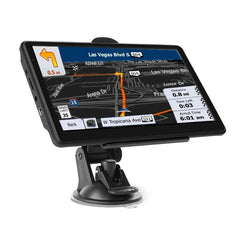 7 Inch Car GPS Navigator with HD Screen and Worldwide Maps mounted on car windshield showing route guidance