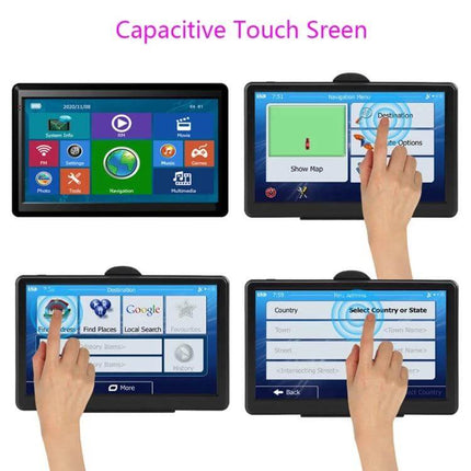 7 Inch Car GPS Navigator with HD Screen and Worldwide Maps showing capacitive touch screen interface and navigation menus