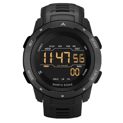North Edge Mars Men's Waterproof Luminous Sports Watch showing digital luminous display, waterproof black sports design for running and hiking
