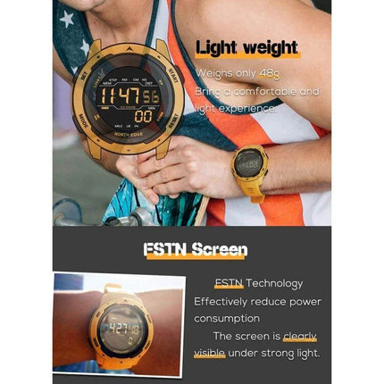 North Edge Mars Men's Waterproof Luminous Sports Watch on wrist, gold sports watch showing time and luminous display, waterproof design