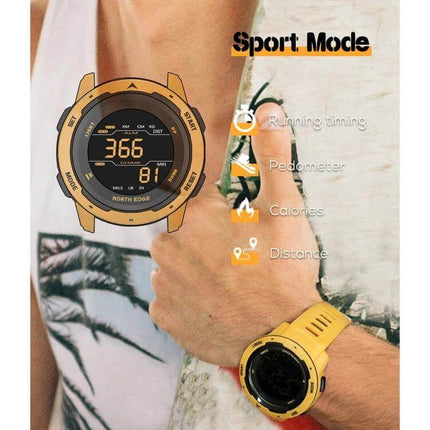 North Edge Mars Men's Waterproof Luminous Sports Watch on wrist showing pedometer, calories, distance and running timing