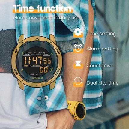 North Edge Mars Men's Waterproof Luminous Sports Watch shown on wrist with digital display and time/ alarm/ countdown features