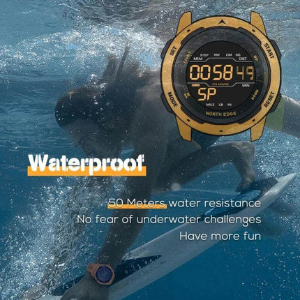 North Edge Mars Men's Waterproof Luminous Sports Watch showing waterproof use while surfing, 50m water resistance for outdoor activities