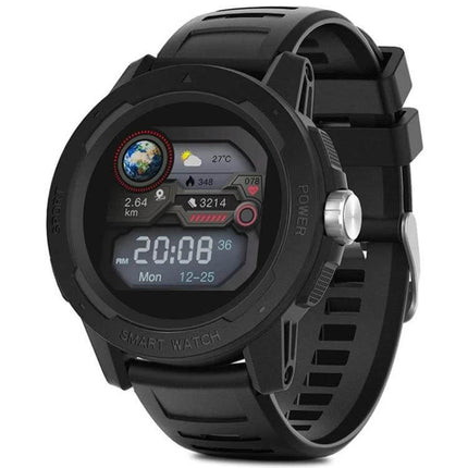 North Edge Mars 2 Outdoor Smart Watch for Health and Activity Tracking showing black rugged GPS watch face with heart rate, steps, distance and time display