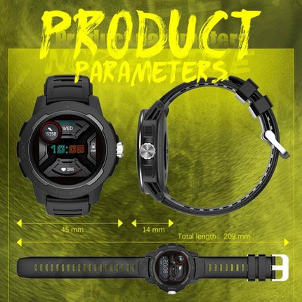 North Edge Mars 2 Outdoor Smart Watch for Health and Activity Tracking showing front, side, and strap views with size dimensions and rugged black design