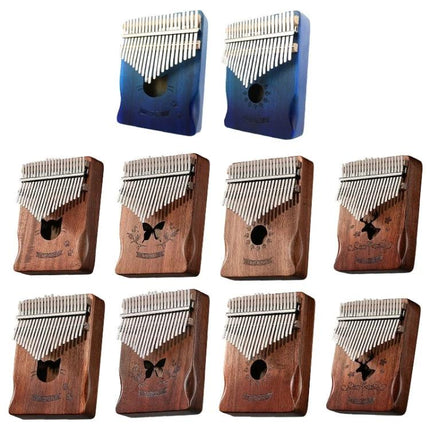 Acacia Wood Kalimba for Relaxing Daily Music Moments at Home - assorted blue and natural thumb pianos arranged in rows