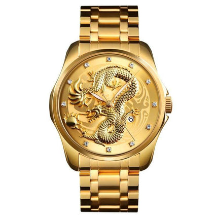 SKMEI Men's Watch with Golden Dragon Pattern and Calendar Display - gold stainless steel bracelet, dragon dial, date window, 30m water resistant