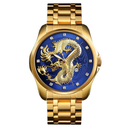 SKMEI Men's Watch with Golden Dragon Pattern and Calendar Display - gold case, blue dial, dragon motif, calendar window, 30m water resistant