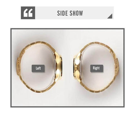 SKMEI Men's Watch with Golden Dragon Pattern and Calendar Display showing gold metal band and side profile with calendar crown