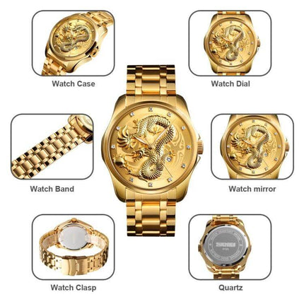 SKMEI Men's Watch with Golden Dragon Pattern and Calendar Display showcasing gold dial, dragon motif, metal band and calendar feature, 30m water-resistant quartz watch