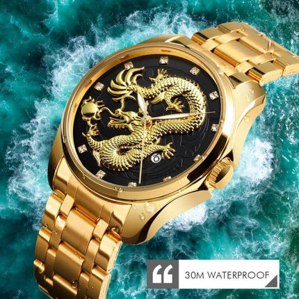 SKMEI Men's Watch with Golden Dragon Pattern and Calendar Display showcasing gold dragon dial, 30m water resistance and quartz movement, polished metal bracelet